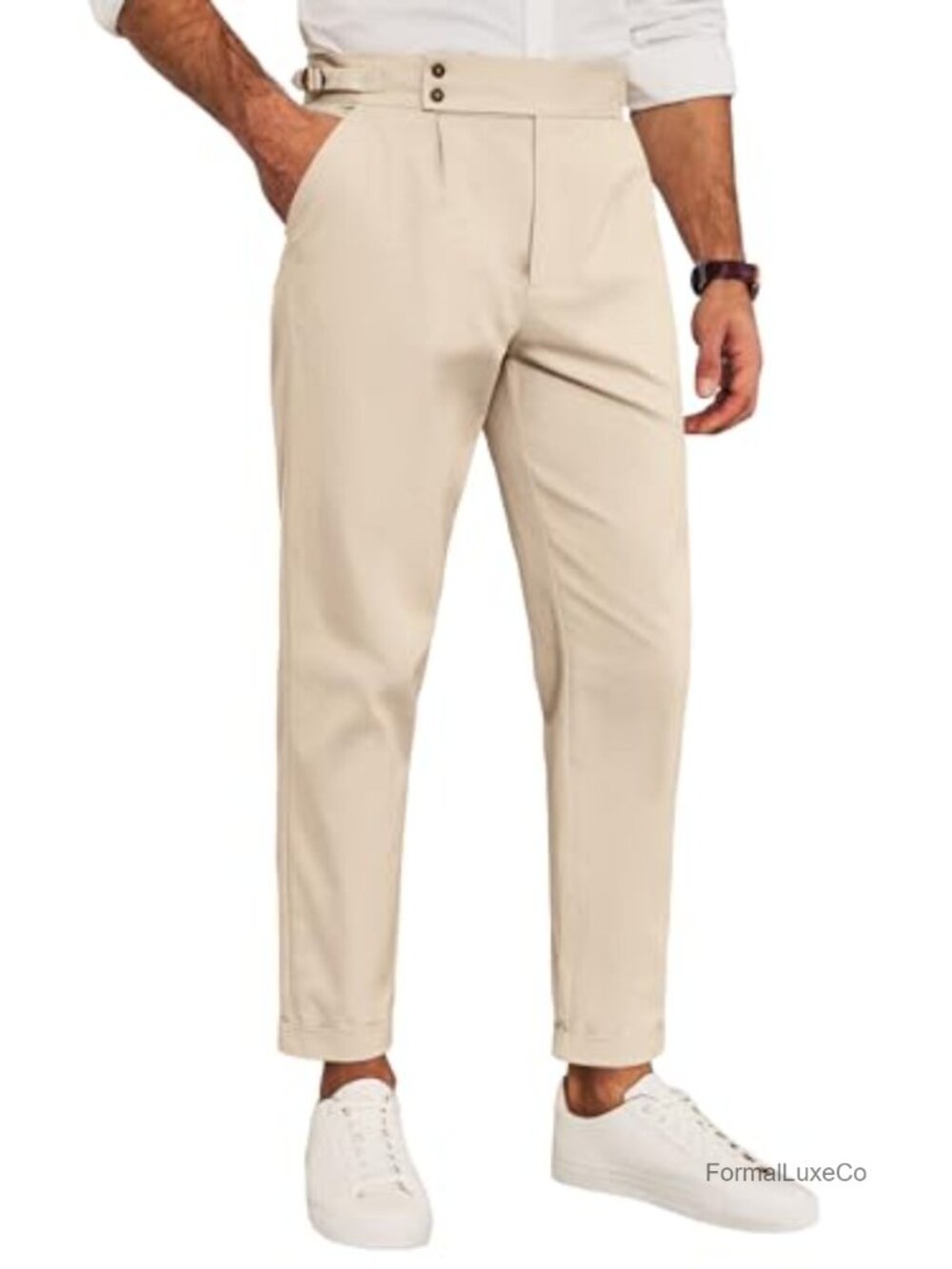 Mens Slim Fit Pleated Front Tapered Chino Dress Pants Cotton Blend